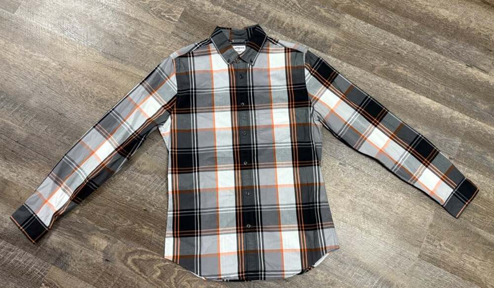Express Gray Orange white Check Plaid Fitted Long Sleeve Mens Shirt Size Small